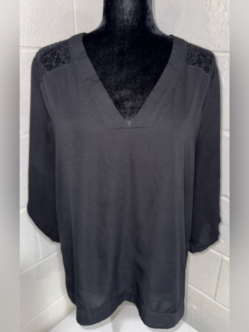 Express Black V Neck Crochet Lace Sheer Yoke Back Chiffon Blouse Top L
